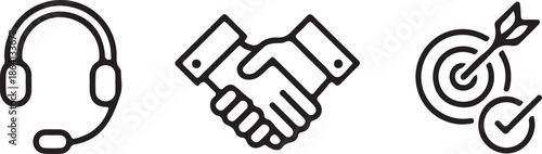 A collection of black and white outline icons represents essential corporate functions including communication, agreement, and goal achievement for business presentations.