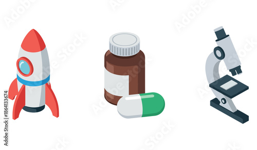 Rocket, medicine bottle, and microscope: science and technology concept illustration