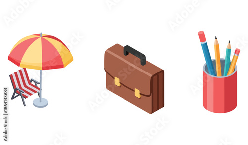 Summer beach umbrella, business briefcase, and colorful pencils in cup illustration