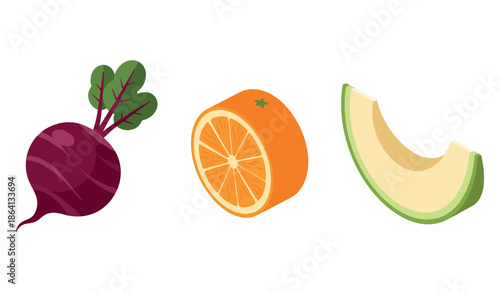 Colorful fruits and vegetables illustration with beet, orange, and melon