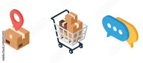 Online shopping concept with delivery box, shopping cart, and chat icon