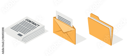Contract document, envelope with letter, and file folder icon set