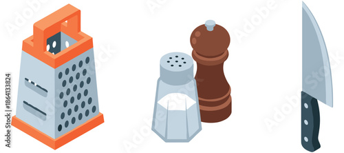 Kitchen utensils: box grater, salt shaker, pepper mill, chef's knife