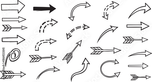 Hand drawn arrows collection. Simple arrow set isolated on white background. Arrow mark icons, arrow paint vector eps