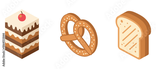 Isometric icons of cake, pretzel, and bread on white background