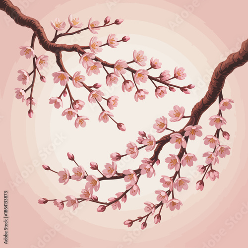 Beautifully illustrated cherry blossom branches adorned with delicate pink flowers, symbolizing the ephemeral beauty of spring and renewal through a soft, artistic representation.