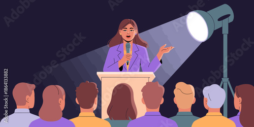 A confident female speaker presents on stage under a spotlight, engaging with the audience passionately, encapsulating the essence of public speaking and leadership in modern society.