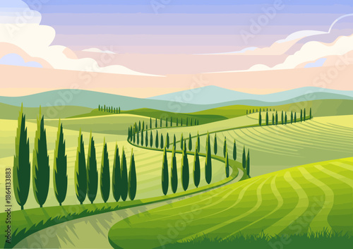 A picturesque landscape of rolling hills adorned with tall trees, bathed in warm sunlight, evoking a sense of calmness and connection to nature's beauty.