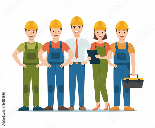 An illustration of a diverse group of five construction workers wearing helmets and overalls, showcasing teamwork and professionalism in a vibrant cartoonish artistic style.