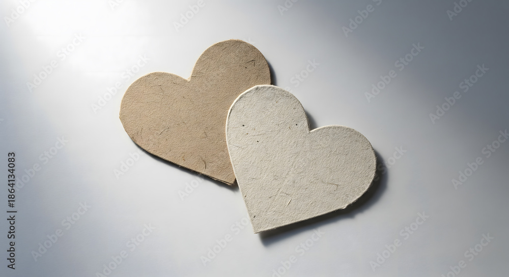 Fototapeta premium Two recycled paper hearts symbolize sustainable love, eco-friendly relationships, care for the environment, conscious choices, and modern green Valentine concept with minimalist aesthetic.