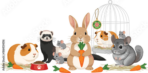 Cute rabbit holding carrot surrounded by guinea pigs ferret mice and chinchilla pet animals illustration
