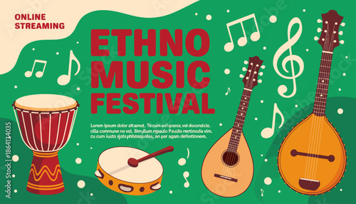 An eye-catching graphic showcasing various musical instruments associated with an Ethno Music Festival, emphasizing cultural richness and artistic expression in music.
