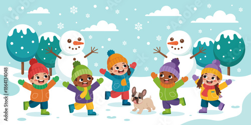 An enchanting winter scene captures joyful children playing in the snow, complete with snowmen and a cute dog, embodying the spirit of childhood and winter fun.