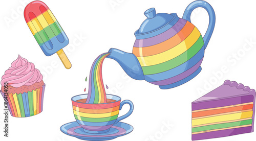 Cute rainbow dessert and drink elements set with cake cupcake tea and popsicle vector illustration