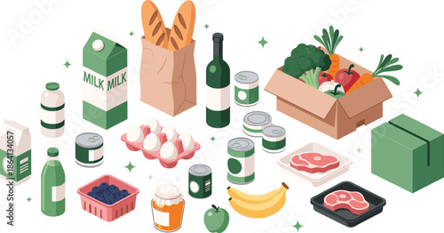 Comprehensive Grocery and Food Delivery Vector Set Featuring Milk, Eggs, Fresh Bread, Canned Goods, Meat, and Produce in Cardboard Boxes for E-commerce Service