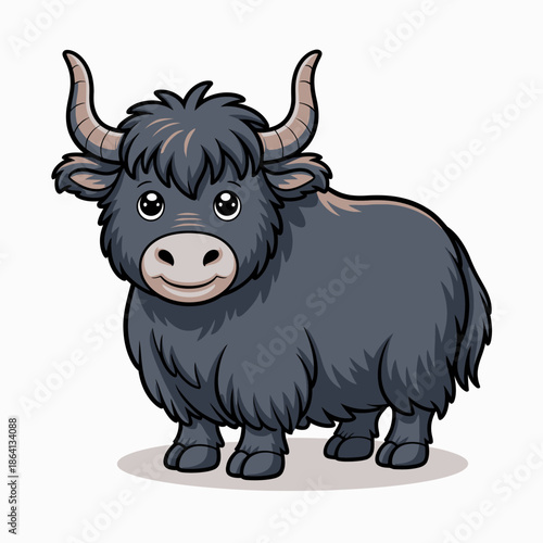 Adorable illustration of a fluffy black yak with big eyes and cute horns, representing innocence and playfulness, perfect for children's books or wildlife themes.