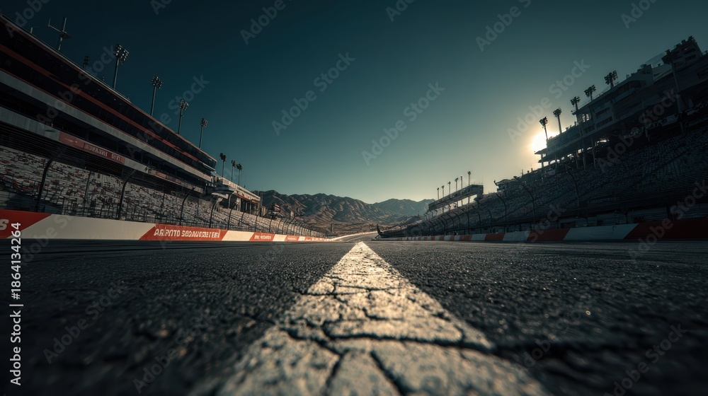 Obraz premium Empty race track stretching into the distance with a bright sun