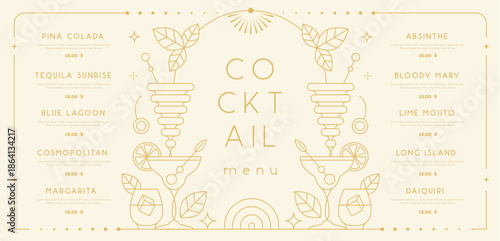 Retro line art restaurant cocktail menu design. Vector illustration