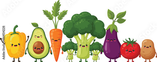 Cute Kawaii Vegetable Character Set Featuring Happy Smiling Broccoli, Carrot, Avocado, Pepper, Eggplant, and Tomato for Childrens Educational Material and Healthy Food Branding