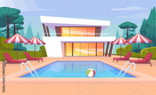 This stunning illustration of a modern villa with a pool and surrounding greenery evokes feelings of luxury and relaxation, perfect for summer leisure and outdoor living.