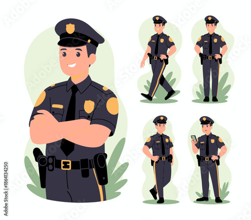 A friendly police officer is seen smiling confidently while standing with arms crossed, showcasing his uniform in a playful and approachable manner for diverse uses.