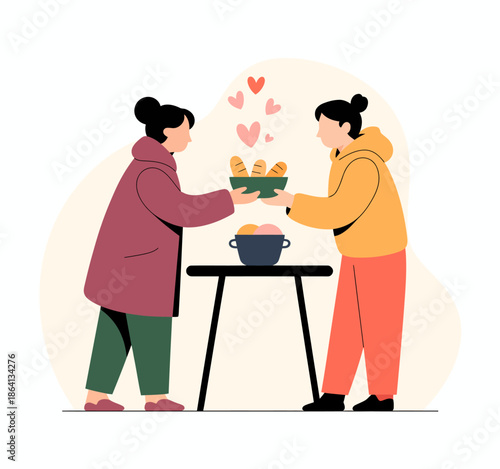This heartwarming illustration depicts two individuals sharing food and creating memories, showcasing the importance of companionship, love, and culinary joy in everyday life.