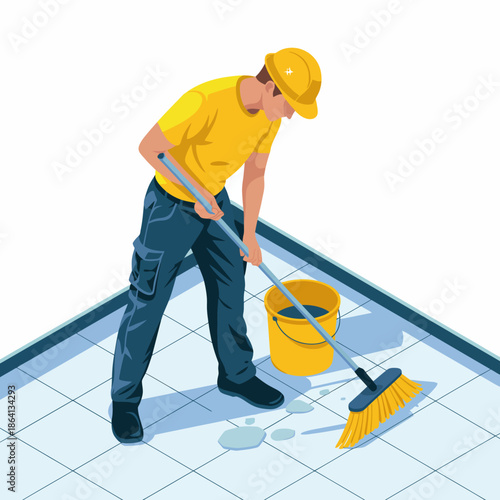 A diligent worker in a yellow shirt and hard hat is focused on cleaning the floor using a mop and bucket, embodying dedication and commitment to maintaining cleanliness.
