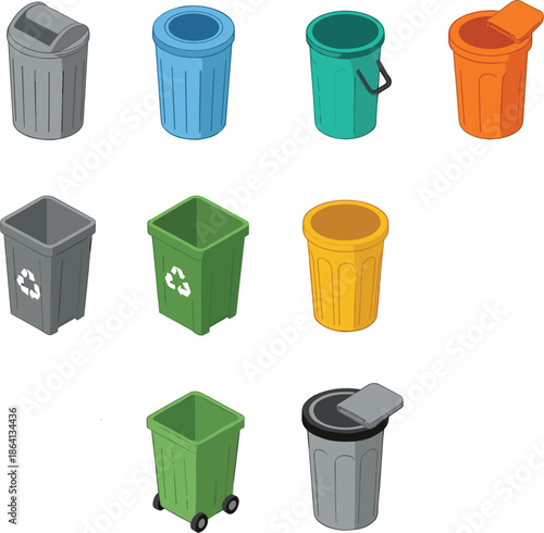 Trash bin and recycling container vector set featuring colorful waste disposal bins for household and environmental management