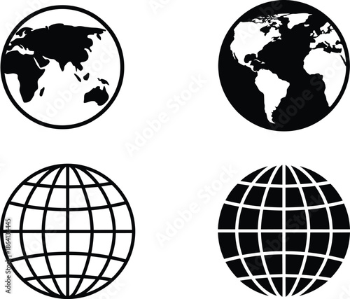 World map and globe icon set with flat black earth continents grid spheres for global network geography design concepts
