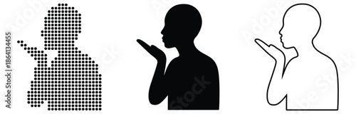 Abstract representations of a person blowing a kiss in dot, solid, and outline styles