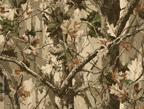 Real tree forest camouflage seamless pattern design pattern for hunting and military uniform. A camouflage pattern featuring oak leaves and branches, with earthy tones of brown and green.