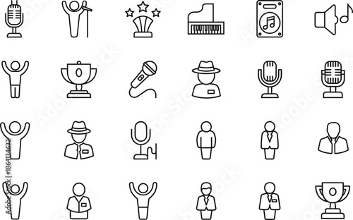 Music performance and audio entertainment outline icon set featuring microphones, singers, awards, speakers, and stage talent symbols