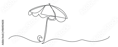 Elegant beach umbrella on serene shoreline with wavy line icon. horeline, wave, elegant, serene, line, drawing symbol. vector illustration.