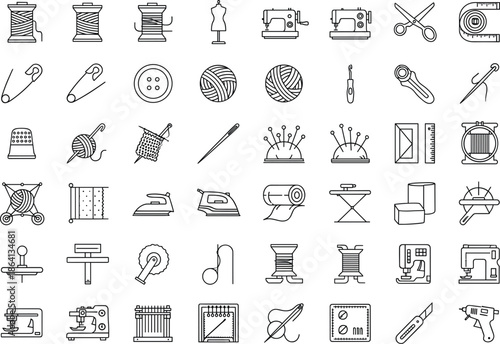 Sewing and tailoring tools outline icon set featuring knitting, stitching, fabric cutting, and textile craft equipment