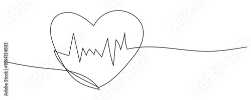 Heartfelt medical concept with EKG line in continuous one line drawing icon. health care, pulse, rhythm, cardiology one line art. vector illustration.