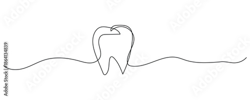 Continuous line drawing of a tooth with flowing wave design icon. dentistry, wellness, care, hygiene, teeth symbol. vector illustration.
