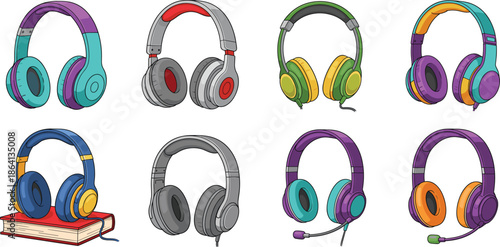 Colorful headphone and headset vector set featuring audio listening devices, gaming headsets, and music accessories designs