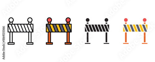 Road construction barriers with warning light icon set vector on white background. safety, caution, signs, road, blockage, traffic, cone icon. vector illustration.