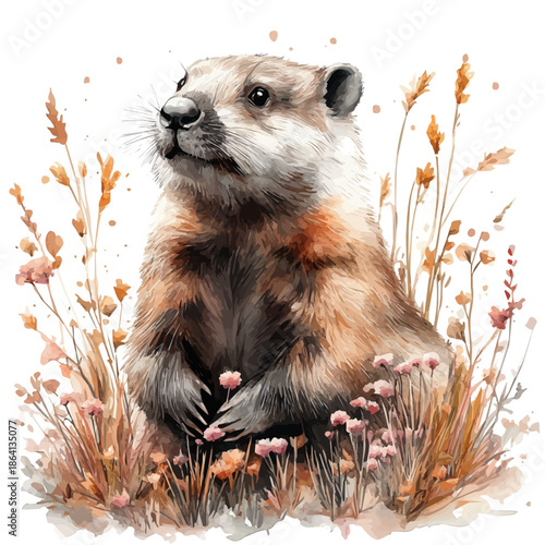 Beaver, watercolor artwork with bold brush accents and dynamic composition, isolated on a white background.