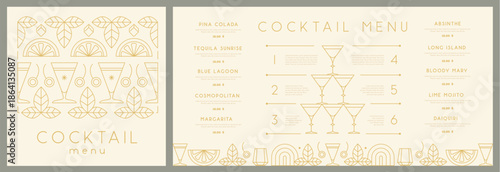 Retro line art restaurant cocktail menu design. Vector illustration