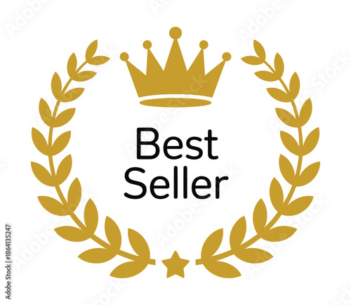 Golden Crown Laurel Wreath, best seller award emblem icon for recognition, prestige branding, luxury labels, certificates, achievement badges, and premium vector design.