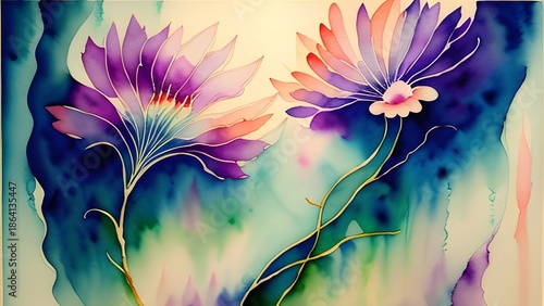 Watercolor illustration of two vivid flowers against a beautiful background.