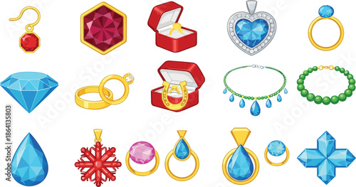 Luxury jewelry and gemstone vector set featuring rings, necklaces, diamonds, earrings, pendants, and elegant accessories designs