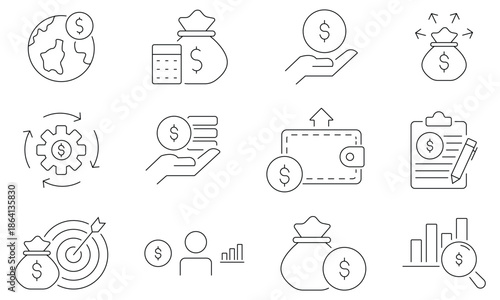 Budget Editable Line Icons Set. money management, cash flow, savings, spending, income, vector illustration
