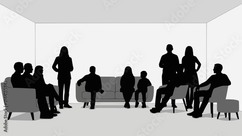 Silhouettes of people gathered in a room for a meeting or social event.