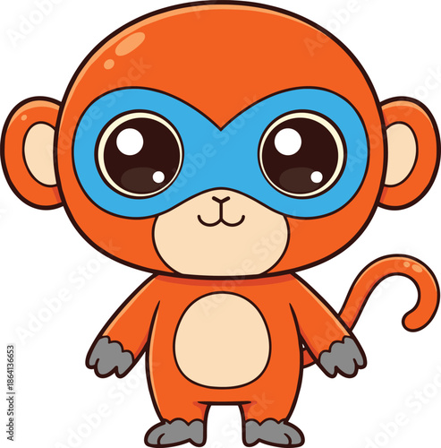 Cartoon superhero monkey illustration, cute animal character, orange primate with mask, children design, fantasy adventure artwork, playful jungle wildlife drawing