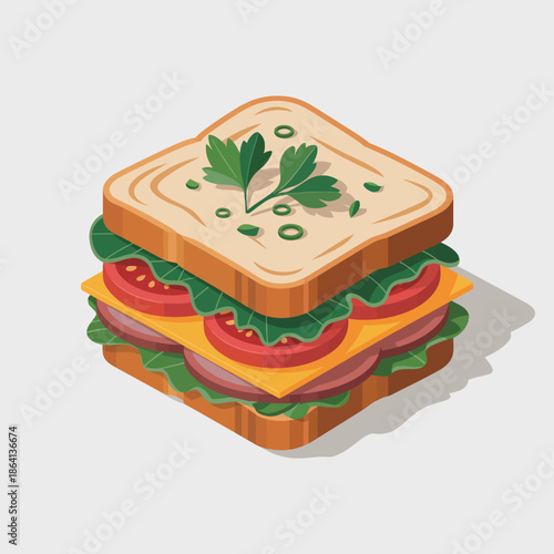 This colorful artwork showcases a mouthwatering sandwich stacked with fresh vegetables, cheese, and garnished with herbs, making it an inviting option for food lovers.