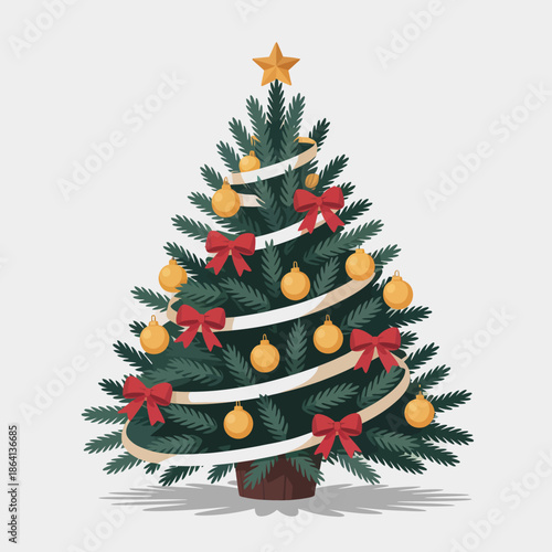 This beautifully illustrated Christmas tree, adorned with golden ornaments and red ribbons, stands as a symbol of holiday cheer and family gatherings during the festive season.