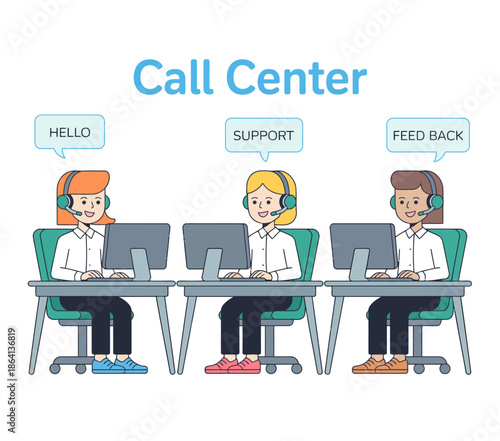 Three dedicated call center agents engaged in assisting customers, equipped with headsets and computers, showcasing professionalism and teamwork in a modern workspace.