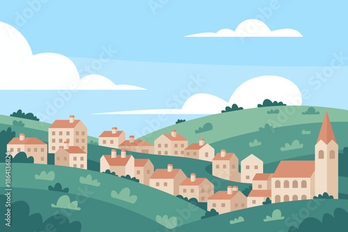 A beautiful landscape illustration showcasing a quaint village nestled among rolling hills under a bright blue sky, evoking a sense of peace and a connection to nature.